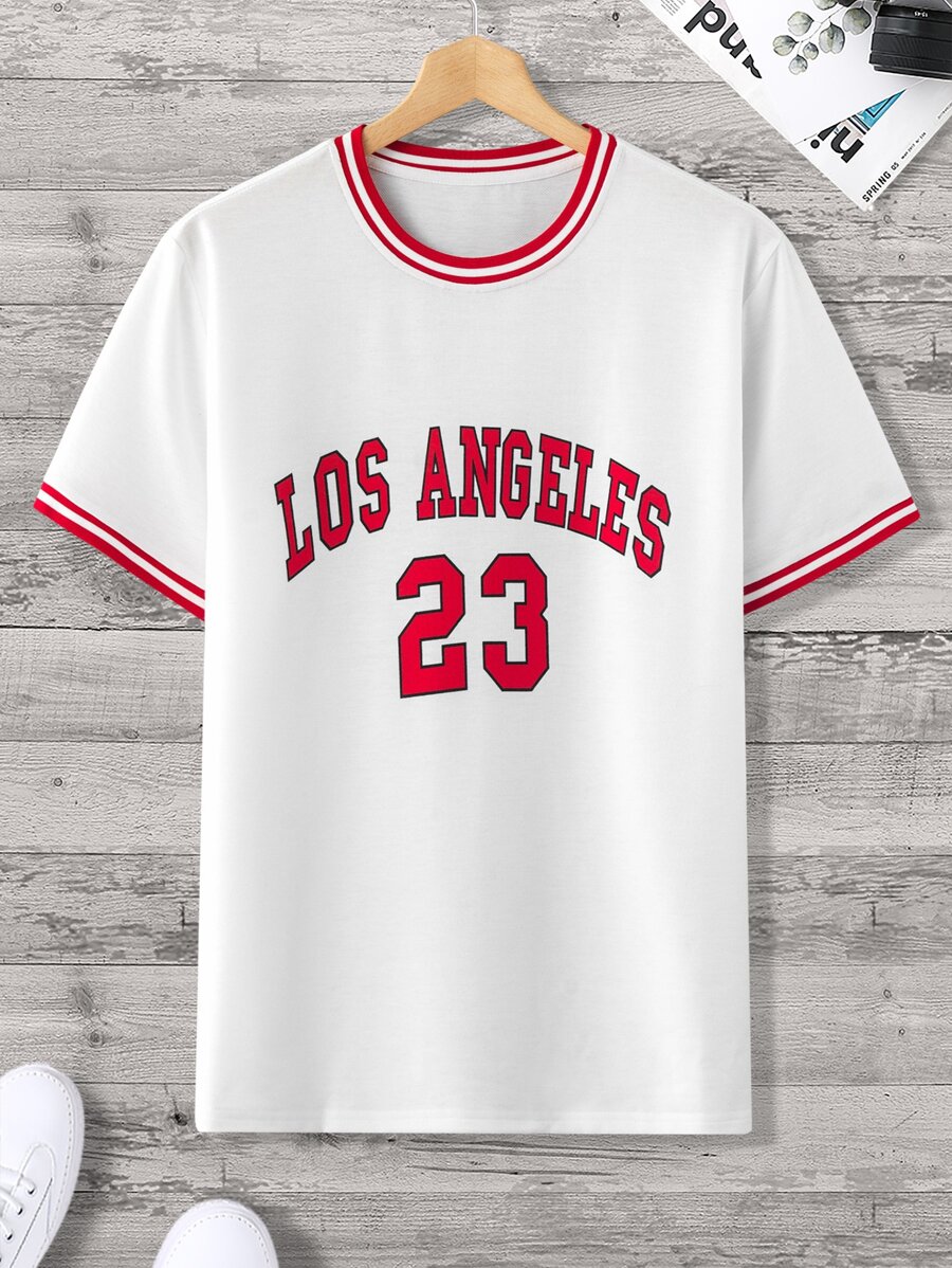 Aesthetic Post--Men Letter Graphic Striped Trim Tee - White - View 1