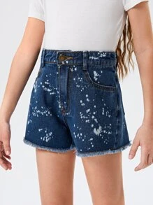女孩塗料印花毛邊緣牛仔短褲 - 深色水洗藍 - 查看 1