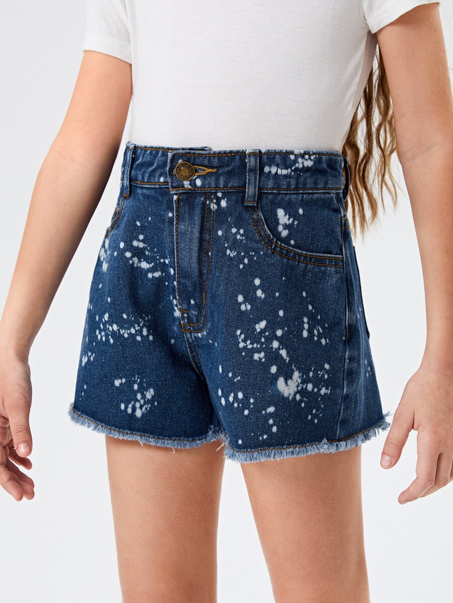 女孩塗料印花毛邊緣牛仔短褲 - 深色水洗藍 - 查看 1