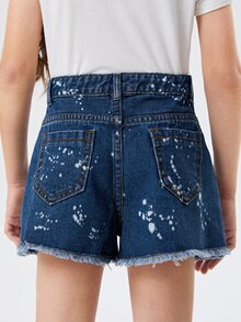 女孩塗料印花毛邊緣牛仔短褲 - 深色水洗藍 - 查看 2