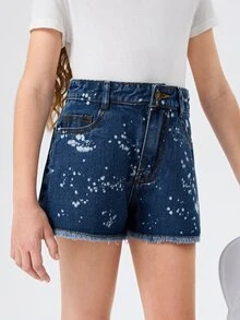 女孩塗料印花毛邊緣牛仔短褲 - 深色水洗藍 - 查看 3