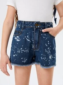 女孩塗料印花毛邊緣牛仔短褲 - 深色水洗藍 - 查看 4