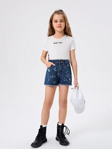 女孩塗料印花毛邊緣牛仔短褲 - 深色水洗藍 - 查看 5