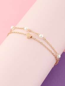 女孩珍珠和愛心裝飾分層腳鏈 - 彩色 - 查看 4