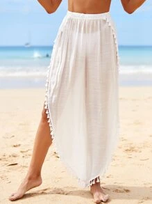Swim Vcay Summer Beach Tassel Detail Split Thigh Cover Up Pants - White - View 5