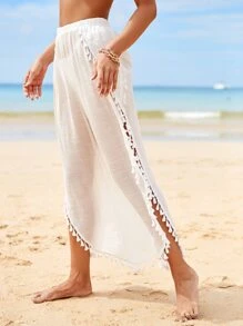 Swim Vcay Summer Beach Tassel Detail Split Thigh Cover Up Pants - White - View 6