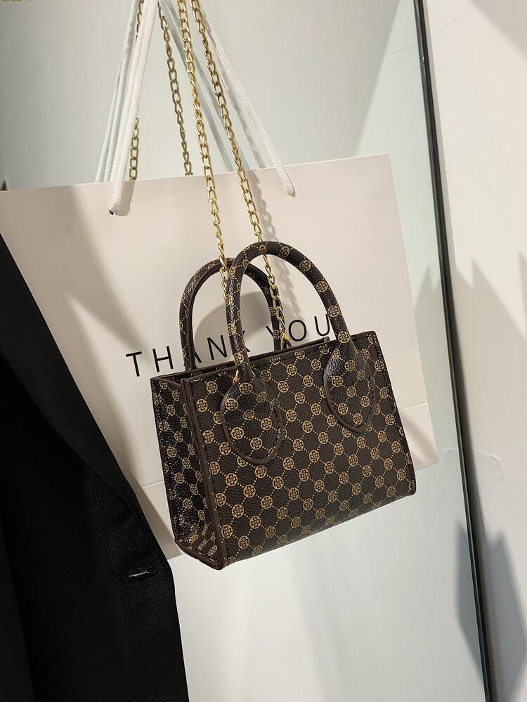 防水、輕巧、商務休閒迷你幾何圖案鏈條方形包復古適合少女女大學生、菜鳥和白領完美適合辦公室、大學、工作、商務、通勤 - 咖啡棕 - 查看 4