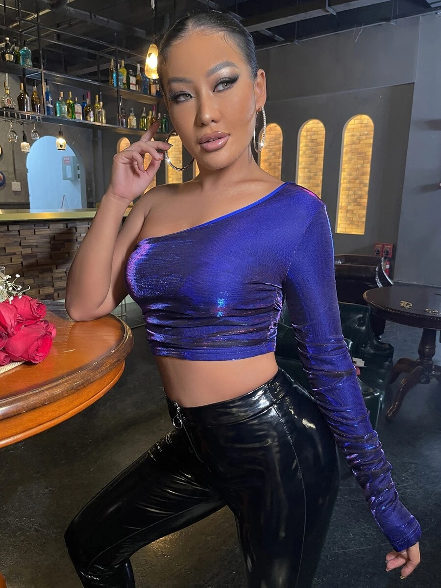 SHEIN SXY 單肩褶邊金屬質感短款上衣 - 寶藍色 - 查看 1