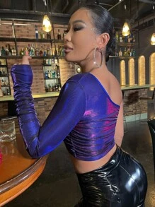 SHEIN SXY 單肩褶邊金屬質感短款上衣 - 寶藍色 - 查看 2