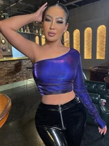 SHEIN SXY 單肩褶邊金屬質感短款上衣 - 寶藍色 - 查看 3