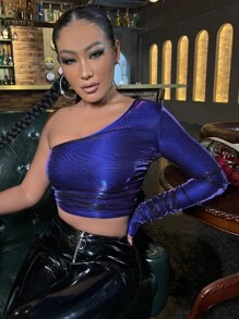 SHEIN SXY 單肩褶邊金屬質感短款上衣 - 寶藍色 - 查看 4