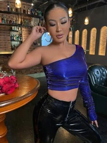 SHEIN SXY 單肩褶邊金屬質感短款上衣 - 寶藍色 - 查看 6