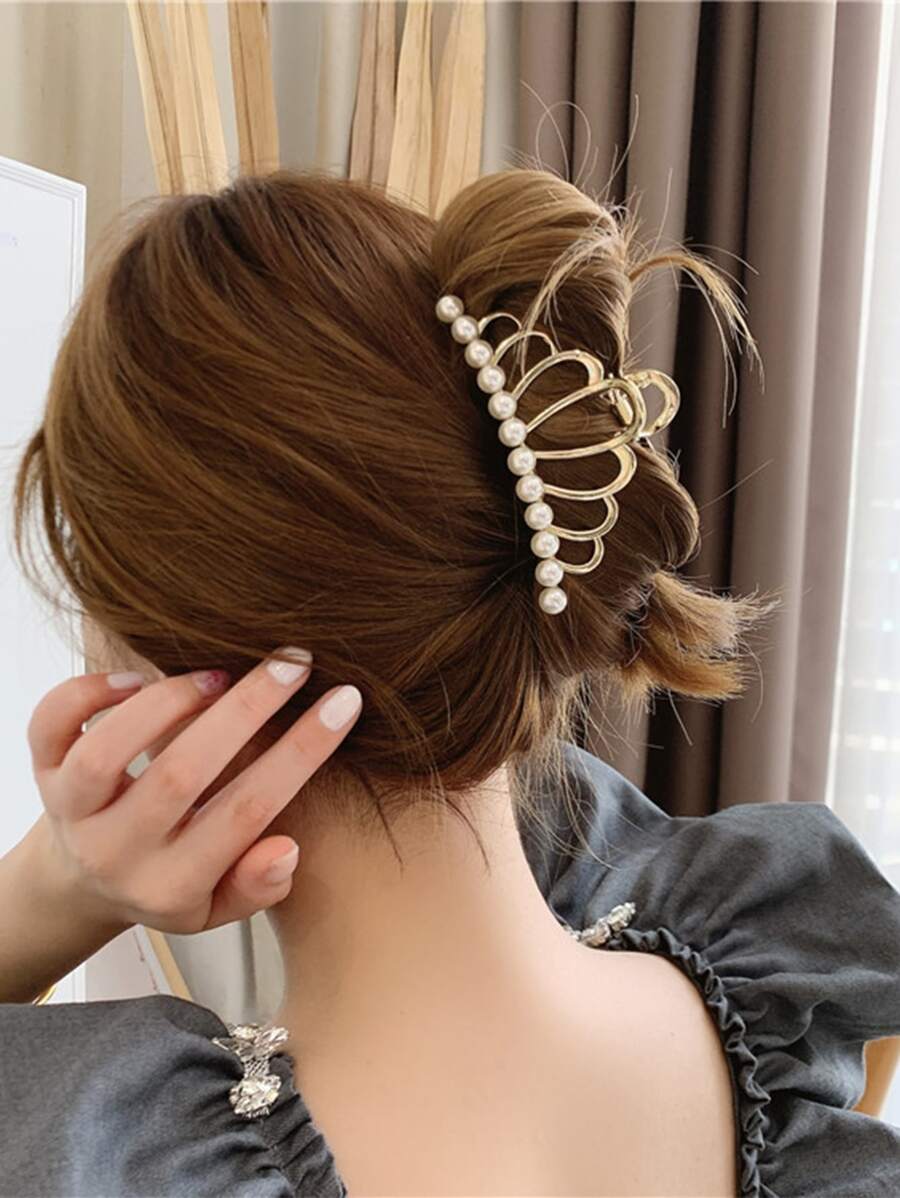 Faux Pearl Decor Hair Claw - Gold - View 1