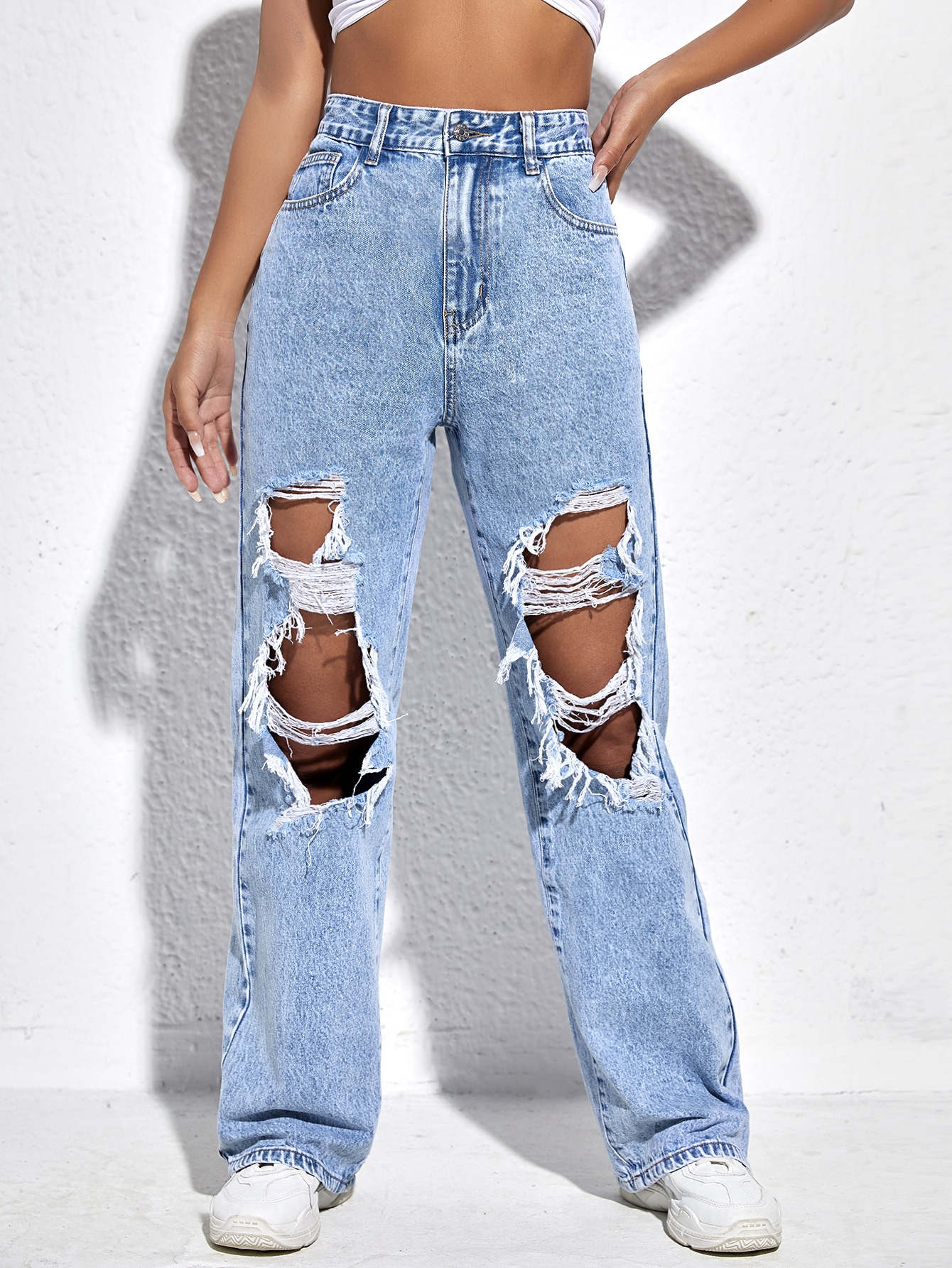 High Waist Ripped Straight Leg Jeans 