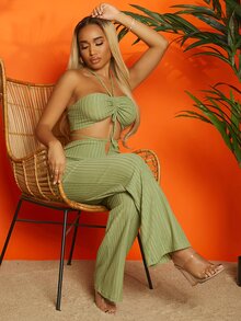 SHEIN SXY 胸部褶皺條紋針織掛脖上衣和褲子套裝 - 薄荷綠 - 查看 3