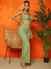 SHEIN SXY 胸部褶皺條紋針織掛脖上衣和褲子套裝 - 薄荷綠 - 查看 5