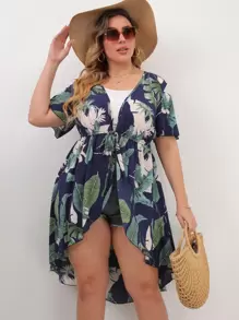 Plus Plant Print Tie Front Kimono - Multicolor - View 1