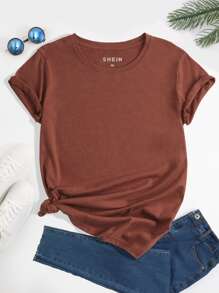 SHEIN LUNE Solid Short Sleeve Tee - Rust Brown - View 1