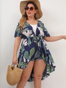 Plus Plant Print Tie Front Kimono - Multicolor - View 5