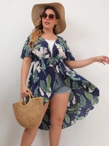 Plus Plant Print Tie Front Kimono - Multicolor - View 6