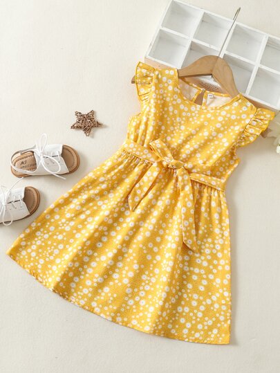 Toddler Girls Allover Print Ruffle Sleeve Belted Dress