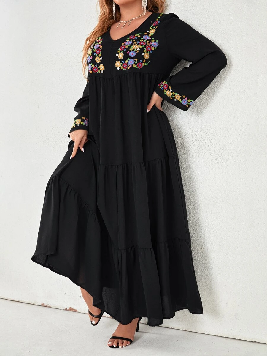 Mulvari Plus Size Floral Embroidery Ruffle Hem Dress - Black - View 1