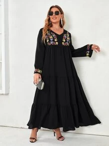 Mulvari Plus Size Floral Embroidery Ruffle Hem Dress - Black - View 5