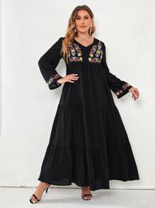 Mulvari Plus Size Floral Embroidery Ruffle Hem Dress - Black - View 6
