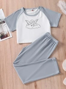 Girls Colour Block Angel Print Raglan Sleeve PJ Set - Blue and White - View 1