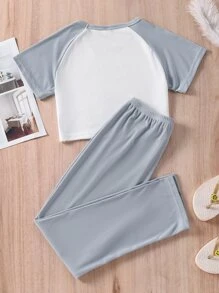 Girls Colour Block Angel Print Raglan Sleeve PJ Set - Blue and White - View 2