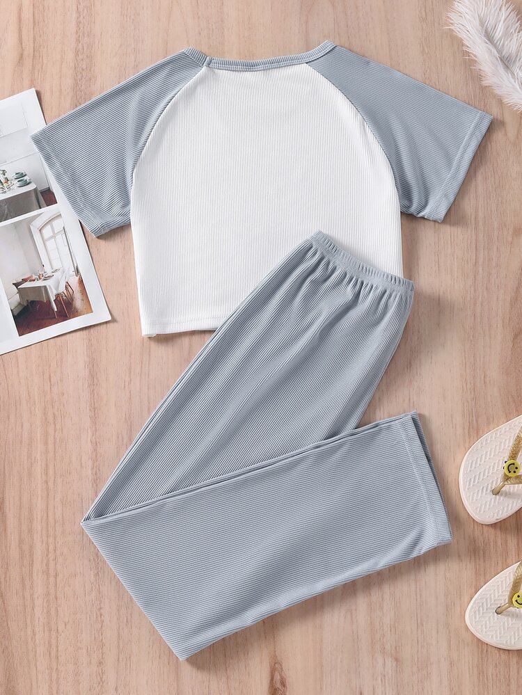 Girls Color Block Angel Print Raglan Sleeve PJ Set