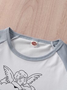 Girls Colour Block Angel Print Raglan Sleeve PJ Set - Blue and White - View 3