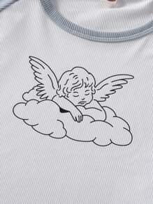 Girls Colour Block Angel Print Raglan Sleeve PJ Set - Blue and White - View 4