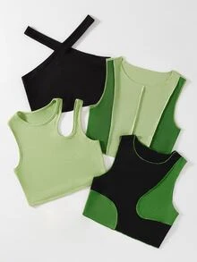 3入組條紋針織頂針背心上衣和1入組掛脖上衣 - 彩色 - 查看 3