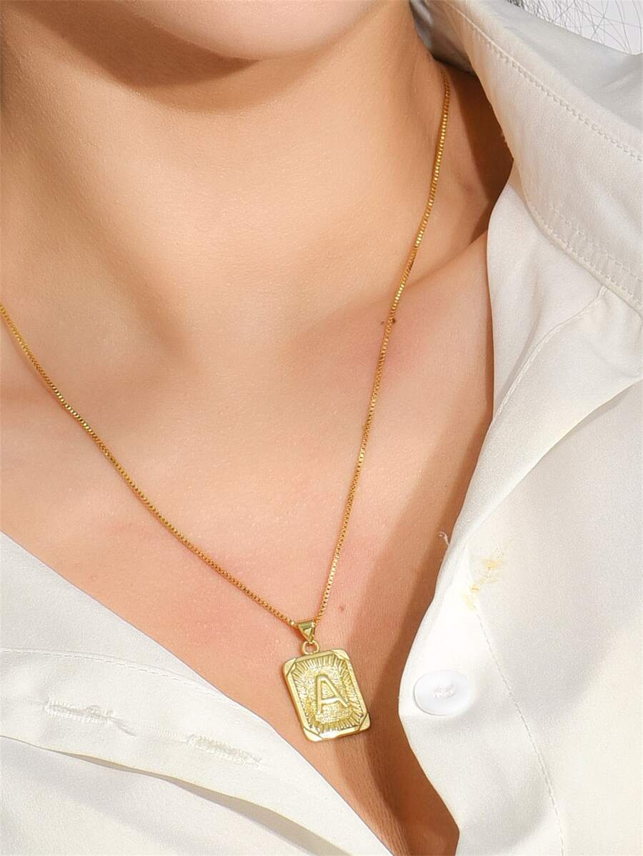 Letter Engraved Charm Necklace - Yellow Gold - View 1