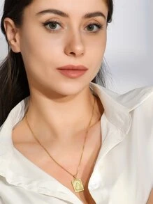 Letter Engraved Charm Necklace - Yellow Gold - View 4