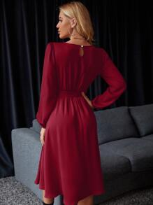 Chiquease Lantern Sleeve Keyhole Back Belted Satin Dress - Burgundy - View 2