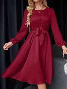 Chiquease Lantern Sleeve Keyhole Back Belted Satin Dress - Burgundy - View 3