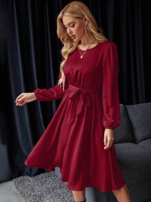 Chiquease Lantern Sleeve Keyhole Back Belted Satin Dress - Burgundy - View 4