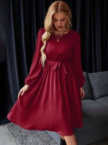 Chiquease Lantern Sleeve Keyhole Back Belted Satin Dress - Burgundy - View 5