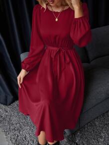 Chiquease Lantern Sleeve Keyhole Back Belted Satin Dress - Burgundy - View 6