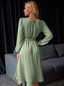 EMERY ROSE Lantern Sleeve Keyhole Back Belted Satin Dress Maxi Women Outfit - Mint Green - View 2