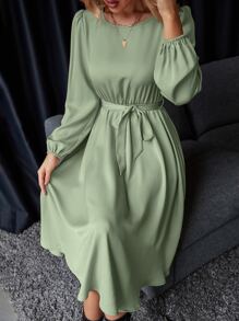 EMERY ROSE Lantern Sleeve Keyhole Back Belted Satin Dress Maxi Women Outfit - Mint Green - View 3