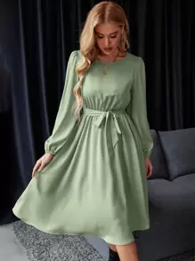 EMERY ROSE Lantern Sleeve Keyhole Back Belted Satin Dress Maxi Women Outfit - Mint Green - View 4