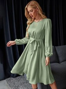 EMERY ROSE Lantern Sleeve Keyhole Back Belted Satin Dress Maxi Women Outfit - Mint Green - View 5