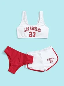Tween Girl 3packs Letter Graphic Graphic Set & Swim Shorts Đi biển mùa hè - trắng - Xem 5