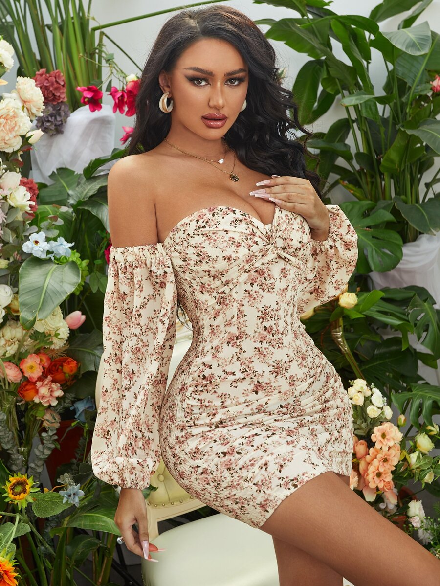Off Shoulder Floral Print Chiffon Bodycon Dress - Multicolor - View 1