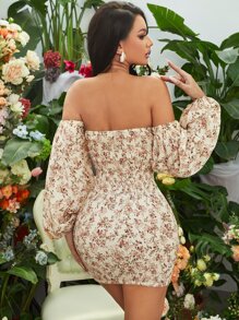 Off Shoulder Floral Print Chiffon Bodycon Dress - Multicolor - View 2