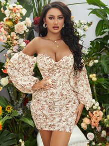 Off Shoulder Floral Print Chiffon Bodycon Dress - Multicolor - View 5