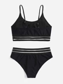Conjunto de bikini sólido con contraste de malla para niña preadolescente, playa de verano - Negro - Ver 2